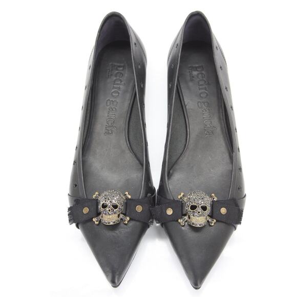 Pedro Garcia Black Leather Alexandra Pedro Garcia Black Leather Alexandra\' Skull Pointy Toe Ballet Flats Size 38 New